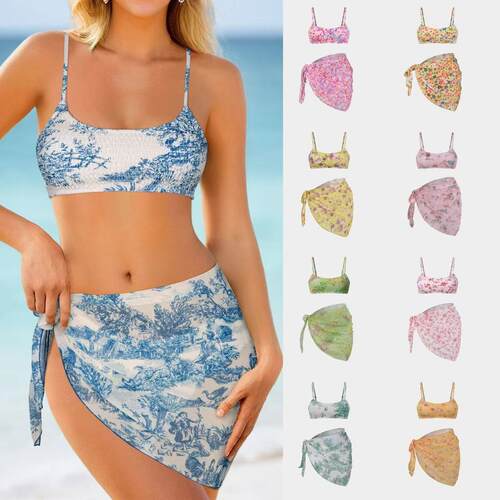 Split bikini with three floral wraps, beach