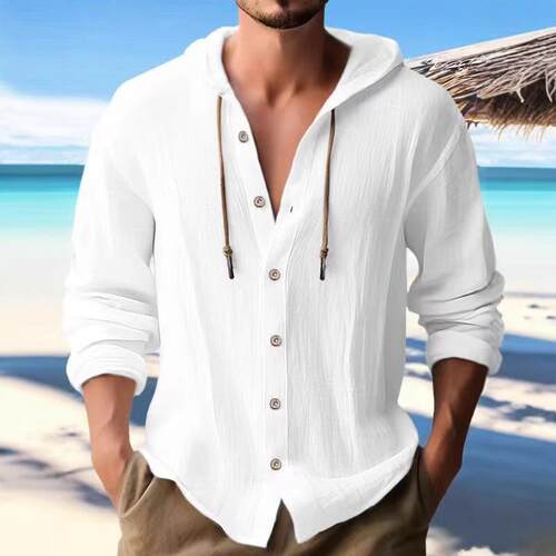 Men's hooded shirt cotton linen long sleeved top