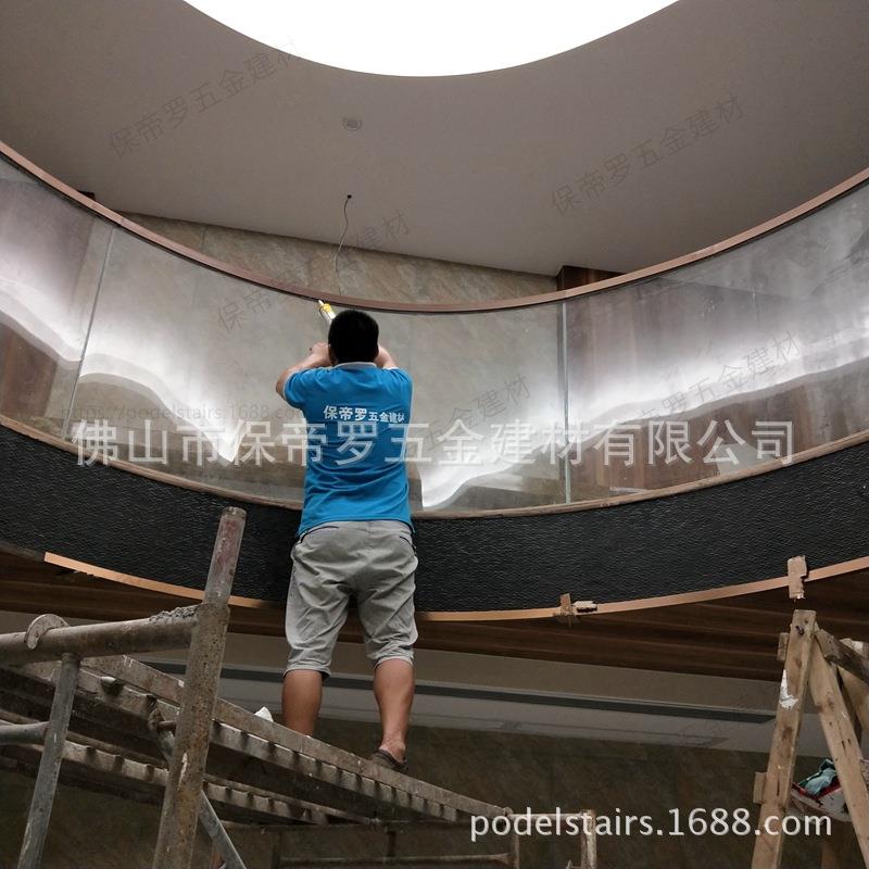 304不锈钢卡槽玻璃护栏椭圆形落地无框栏杆玫瑰金拉丝扶手