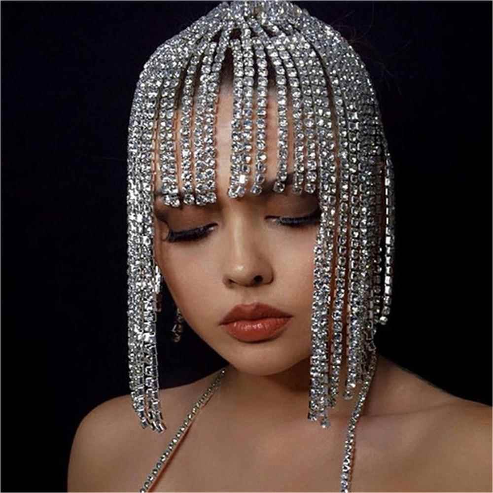 跨境发饰满品钻长流苏欧美链女额头链闪亮士水358钻头饰hairchain