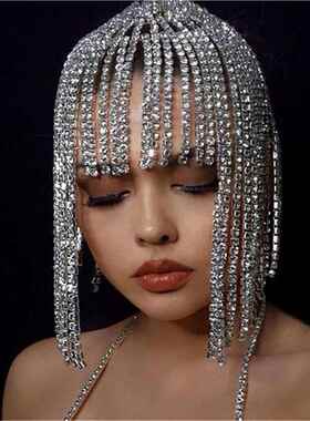 跨境发饰满品钻长流苏欧美链女额头链闪亮士水358钻头饰hairchain