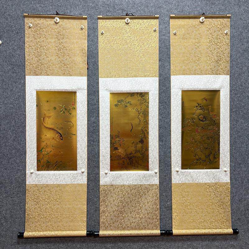 八骏图金丝彩绘掐丝工艺画富贵白头图荷花松梅双鹤鱼澡图锦春图