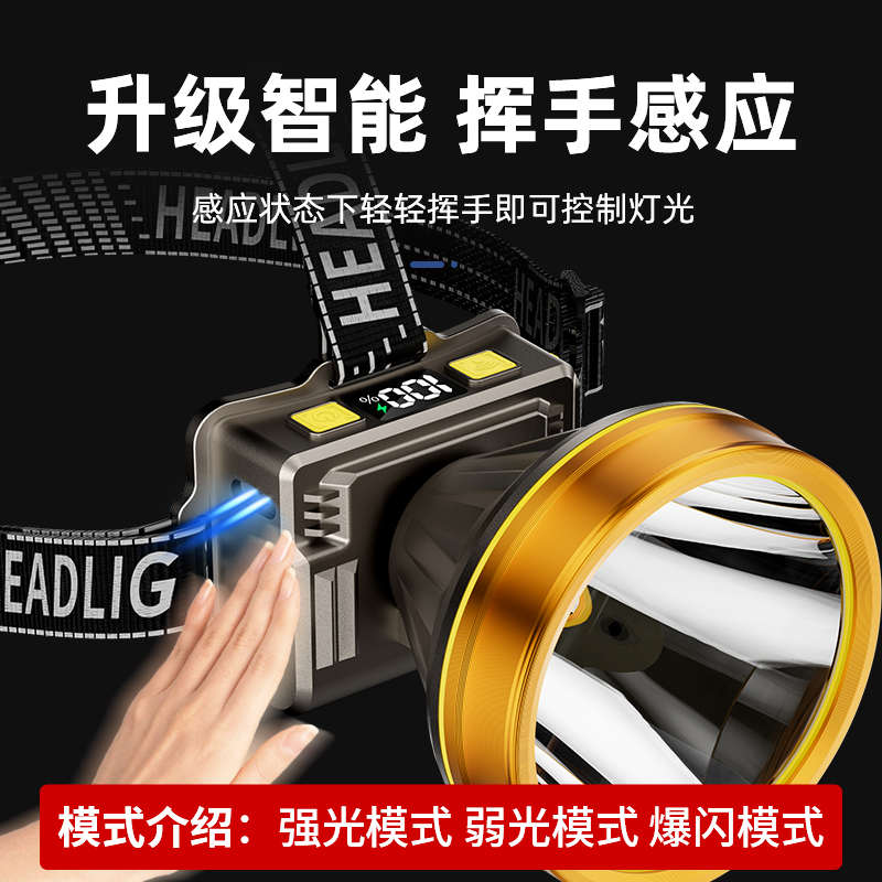 头灯强光超亮充电超长续航锂电户外夜钓鱼大矿灯头戴式感应照明灯
