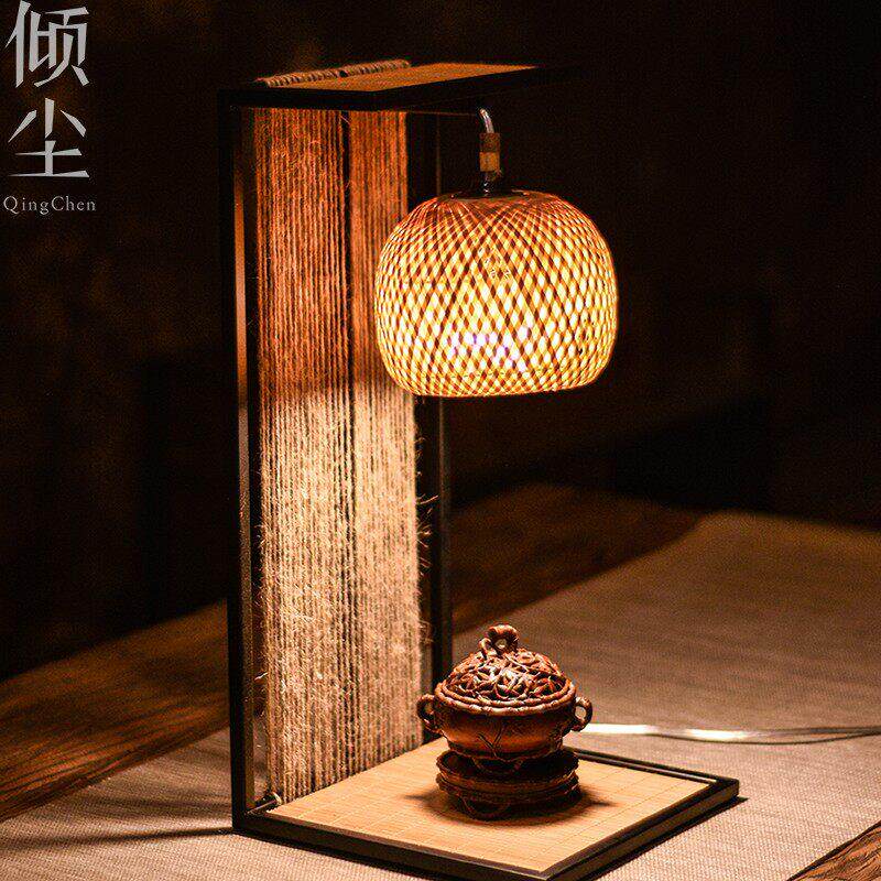 禅意竹编灯创意小夜灯吊灯竹艺灯罩台灯覆古茶空间装饰床头气氛灯