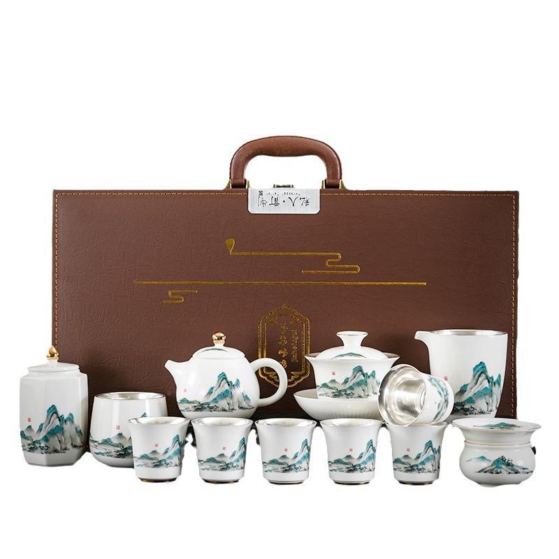 鎏银茶具端鎏银茶具套装办公室用整套功夫茶具羊脂玉白瓷茶壶茶杯