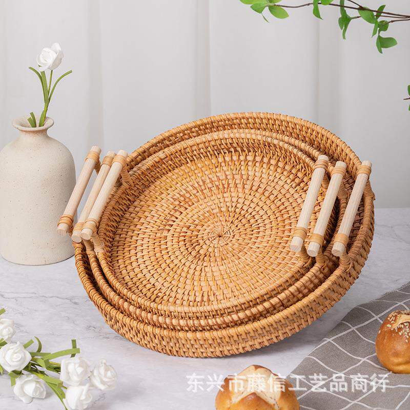 越南藤编木手提托盘圆形果盘面包篮水果篮