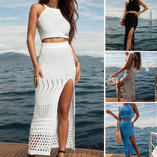 Women'S Solid Halter Neck Crop Top & Split Thigh Cover Up