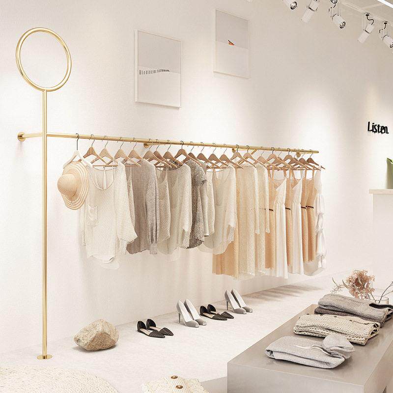服装店展示架金色铁艺落地式挂衣架上墙壁挂架女装店陈列架工业风