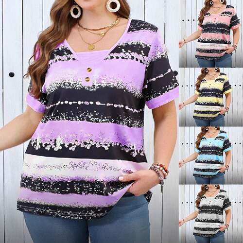 Colorful Striped Print V Neck Tee Casual Sleeve shirt Spring