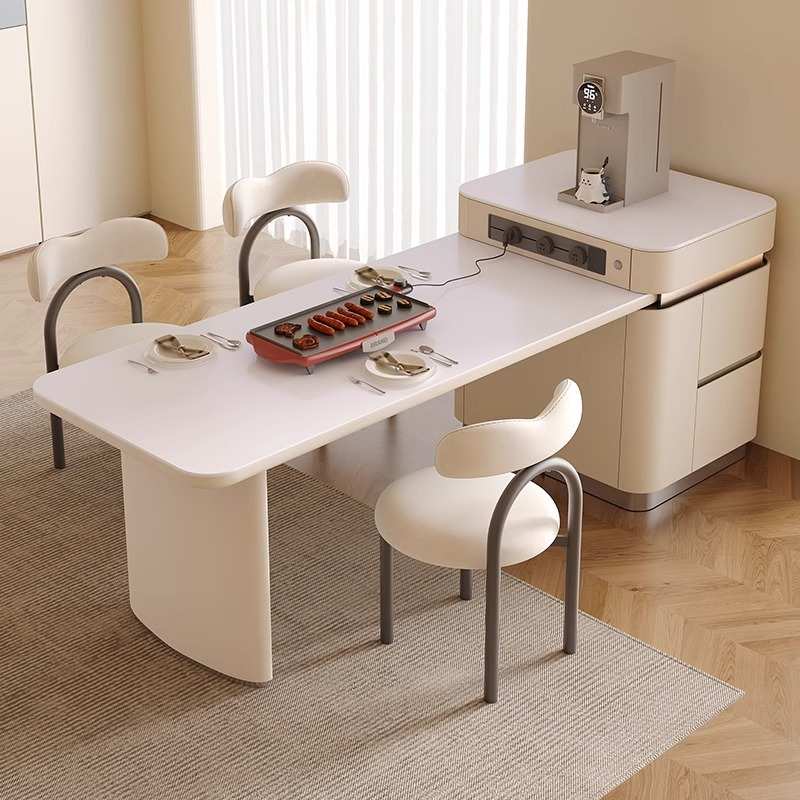 奶油风岩板岛台餐桌一体可伸缩储物收纳多功能开放式厨房中岛台桌