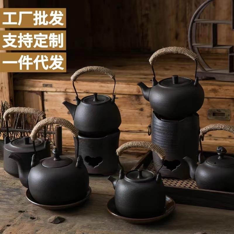 新款半手工黑陶煮茶壶家用泡茶壶大容量烧水壶煮茶壶碳炉酒精炉