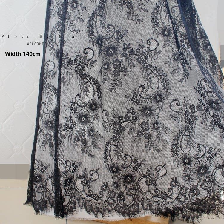 走秀款 春夏黑色眼睫毛蕾丝布料 高定蕾丝服装面料宽140CM