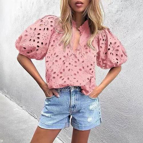 Women's top lantern sleeve collar hollow lace embroidery