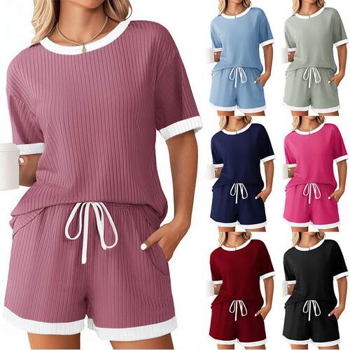 Women's Pit Bar Color blocked Pajama Short sleeved Home