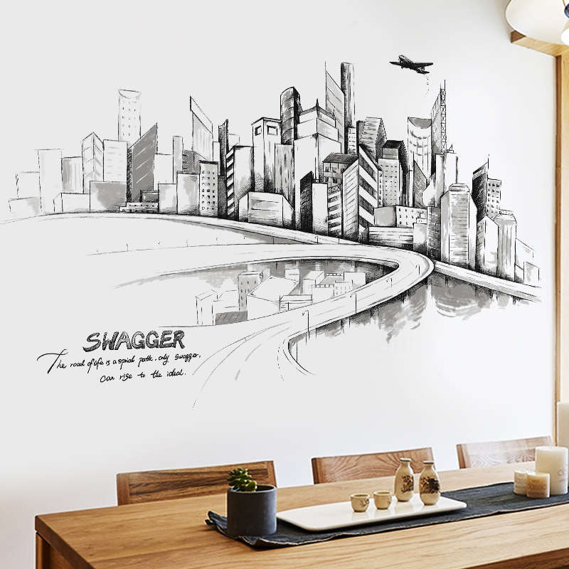 大型客厅卧室装饰品贴画时尚立体黑白手绘素描城市都市建筑墙贴纸图片