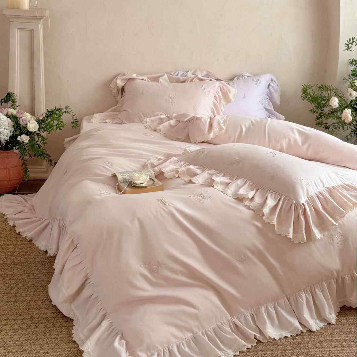法式公主风全棉磨毛超柔四件套少女心褶皱蕾丝花边玫瑰刺绣被套