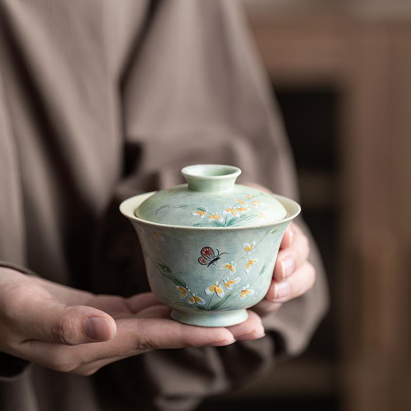 手绘文心兰陶瓷茶碗下午茶泡器茶器女士精致二才盖碗中式田园风