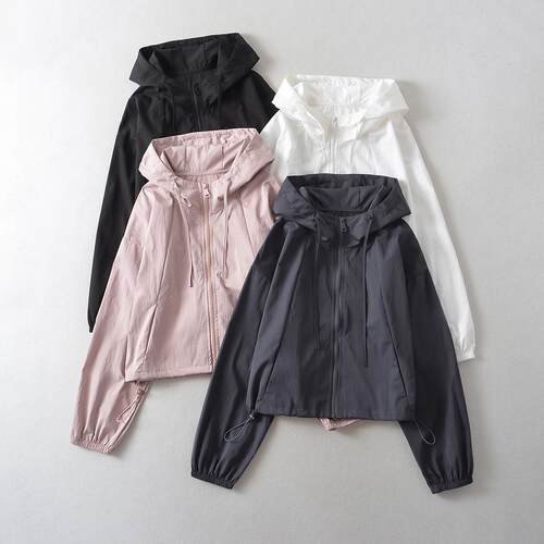 Drawstring jacket, women's hooded sports long sleeved