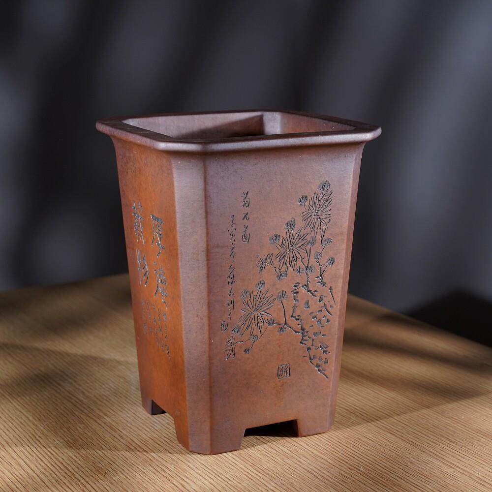 新款特大号精品高四方切角名家秦夕洪段泥深色柴烧签筒兰花盆景盆