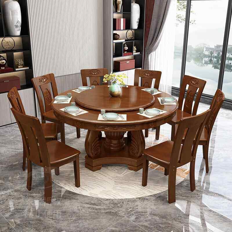 实木餐桌椅组合新中式圆形家用10人饭桌带转盘雕花桌子