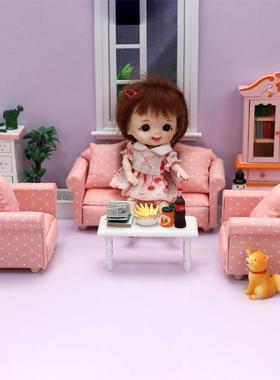 1:12迷你娃娃屋摆件DOLLHOUSE家具配件OB11用沙发套装布艺三件套