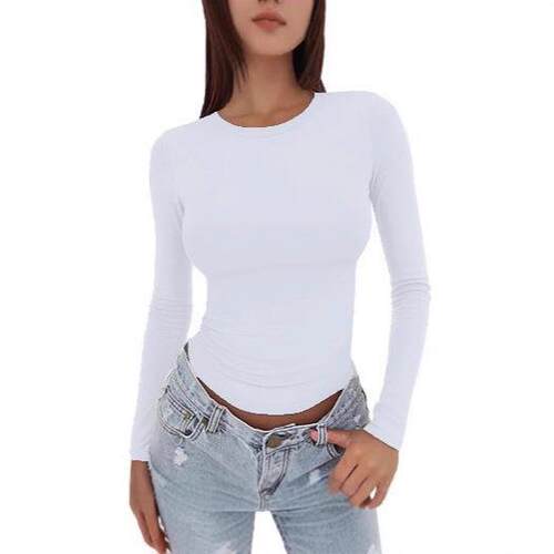 Simple Plain Round Neck Long Sleeve Slim Fit Short Top