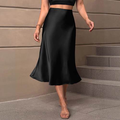 Elegant Women ' s Satin Midi Skirt , Spring Summer Slim -