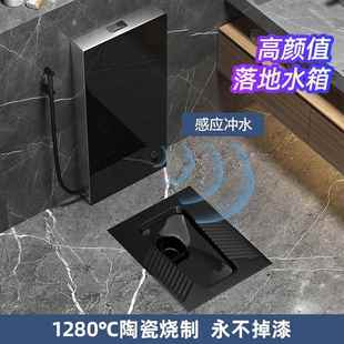 落地感应冲水箱整套 MEIYE黑色蹲便器蹲坑式 便池家用蹲盆陶瓷防臭