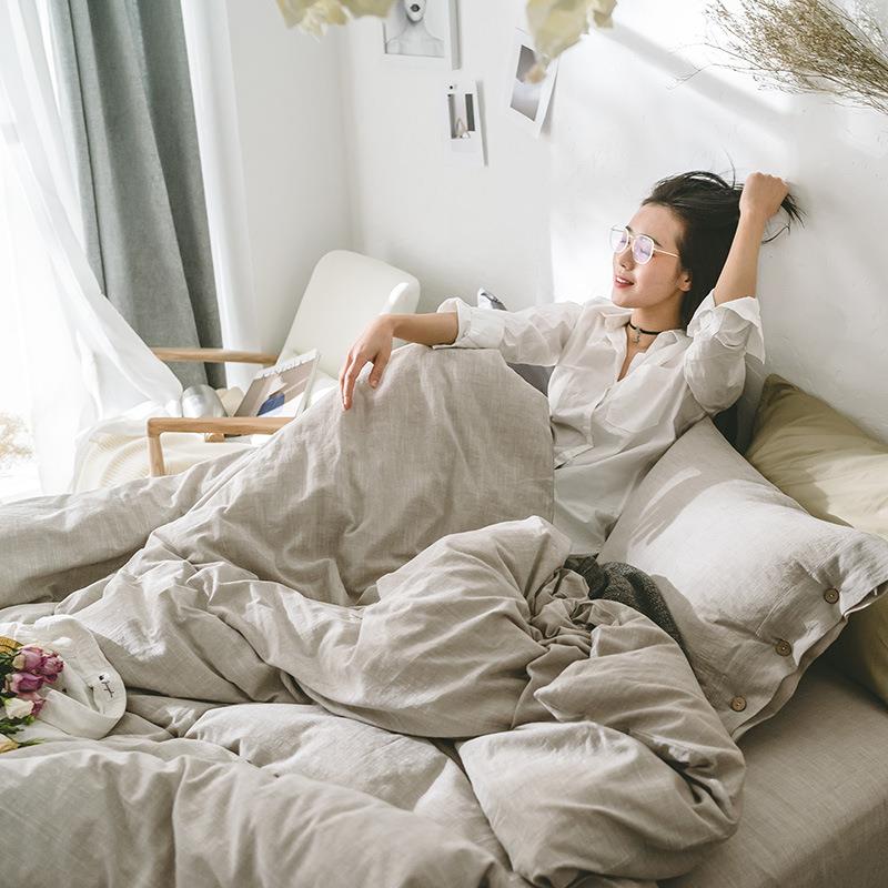 北欧棉麻裸睡四件套春夏亚麻四季款纯色1.8m双人床品床单床笠款