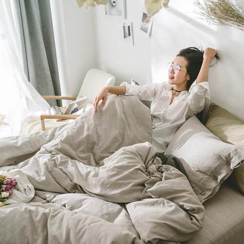 北欧棉麻裸睡四件套春夏亚麻四季款纯色1.8m双人床品床单床笠款