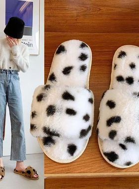 拖鞋女新款毛绒豹纹毛毛四季防滑静音室内外穿一字女士居家棉拖鞋