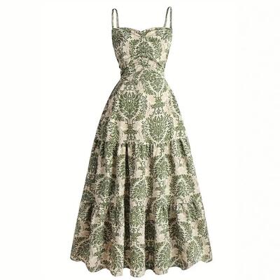 Women's Boho Bohemian Botanical Print Maxi Dress Spaghetti