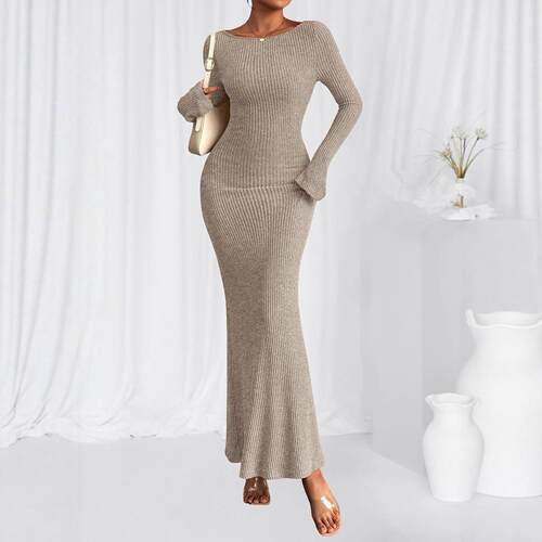 Women'S Ribbed Knit Bodycon Maxi Dress Long Sleeve Boat Neck