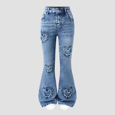 Girls' Fashion Heart Embroidery Denim Jeans Flared Jeans