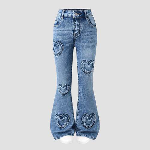 Girls' Fashion Heart Embroidery Denim Jeans Flared Jeans