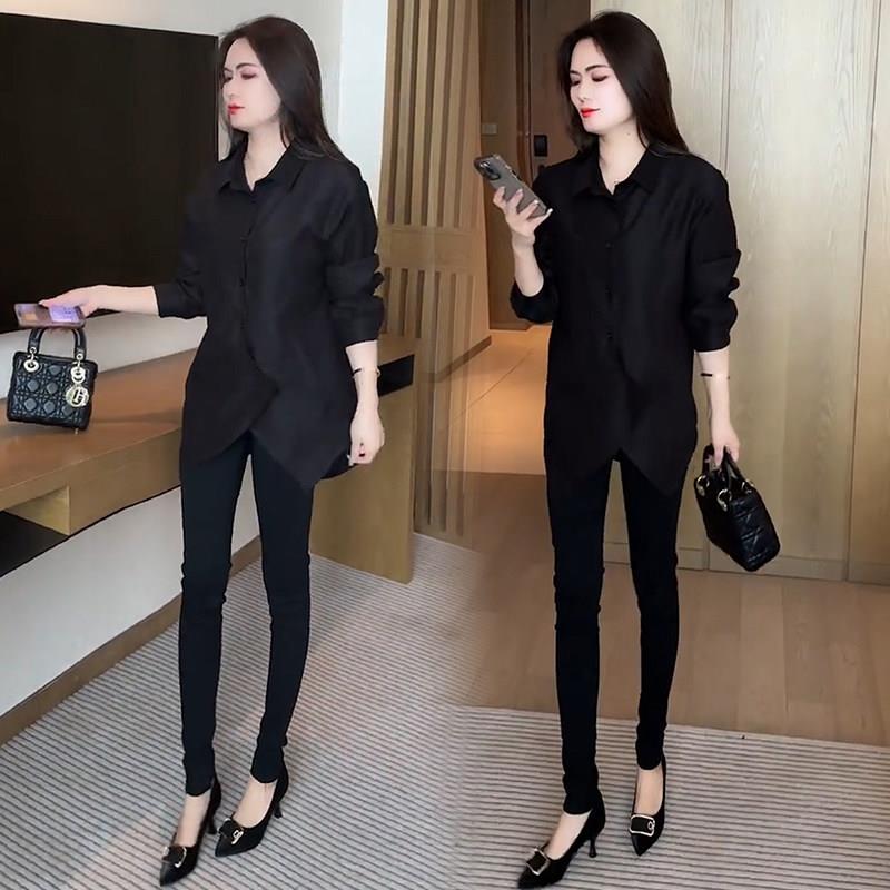 新品设计感时尚韩版衬衫女秋季新款宽松遮肚子显瘦衬衣不规则大码