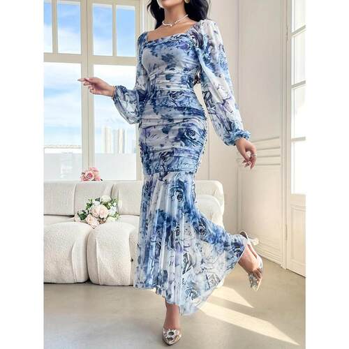 D 80803 Square Neck Print Long Dress 方领印花长袖连衣裙