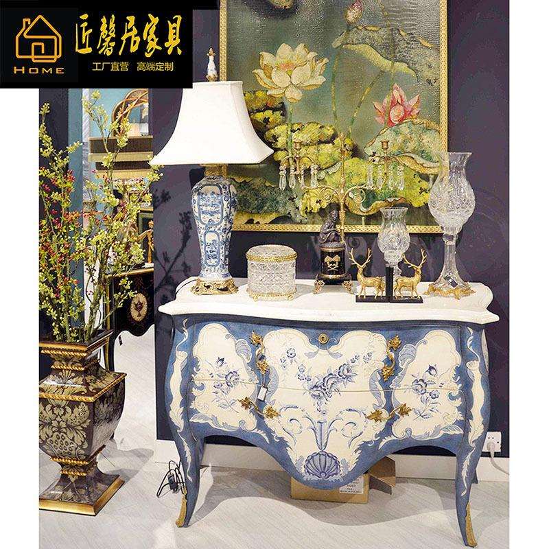宫廷风实木彩绘花卉门厅柜精美法式别墅客厅家具蓝色玄关柜家具
