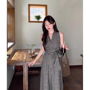 韩剧女主穿搭套装格子无袖挂脖背心女夏季阔腿长裤盐系轻熟两件套