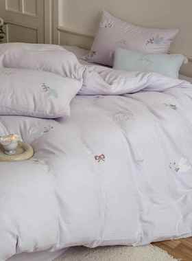 少女心全棉双层纱布四件套可爱浪漫花卉刺绣被套1.8m床上用品紫色