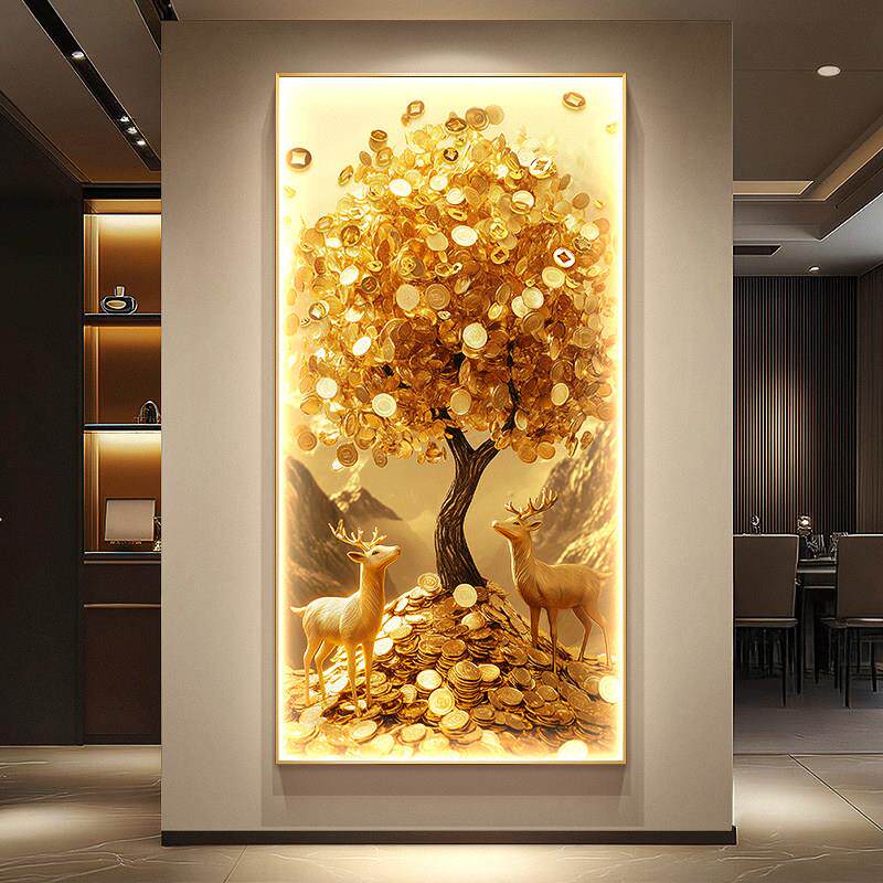 轻奢发财树玄关装饰画 画黄金万两走廊壁画 画灯招财鹿入户门正对