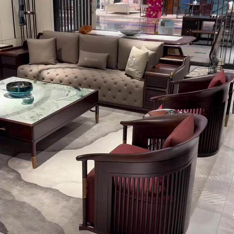新中式乌金木现代皮质高端沙发茶几电视柜休闲椅组合全套客厅家具