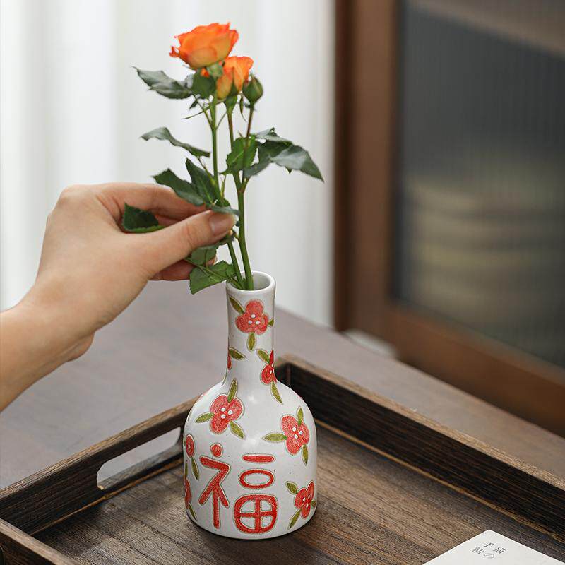 喜字复古小花瓶手绘陶瓷水养花插新婚结婚婚房摆件中式囍粗陶瓶子