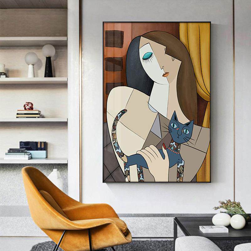 时尚人物装饰画现代简约卧室壁画美女猫咪卫生间挂画客厅餐厅墙画