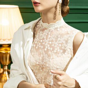 蕾丝打底衫 立领无袖 女宽松刺绣洋气内搭绣花背心性感 新款 秋季