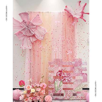 粉色婚房氛围感布置结婚套装拉花装饰婚礼女方客厅晨袍拍照背景墙