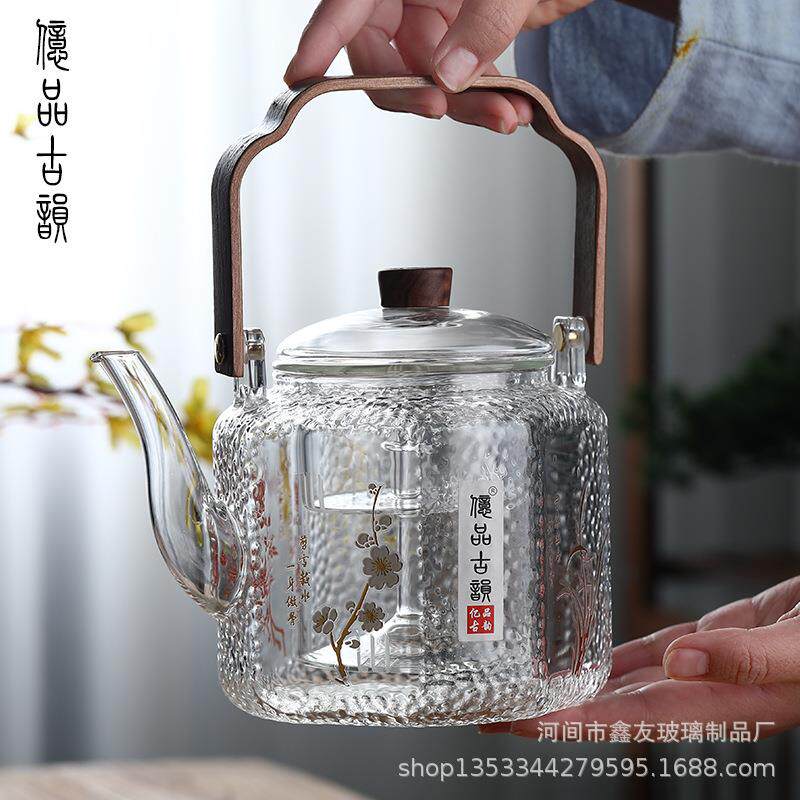 高硼硅玻璃茶壶家用竹把提梁壶玻锤纹蒸煮过滤煮茶器耐高温茶具