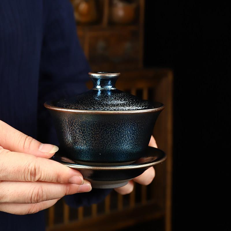 柴烧三才盖碗茶杯单个大号蓝麒麟建盏高端茶具泡茶碗不烫手三泡台