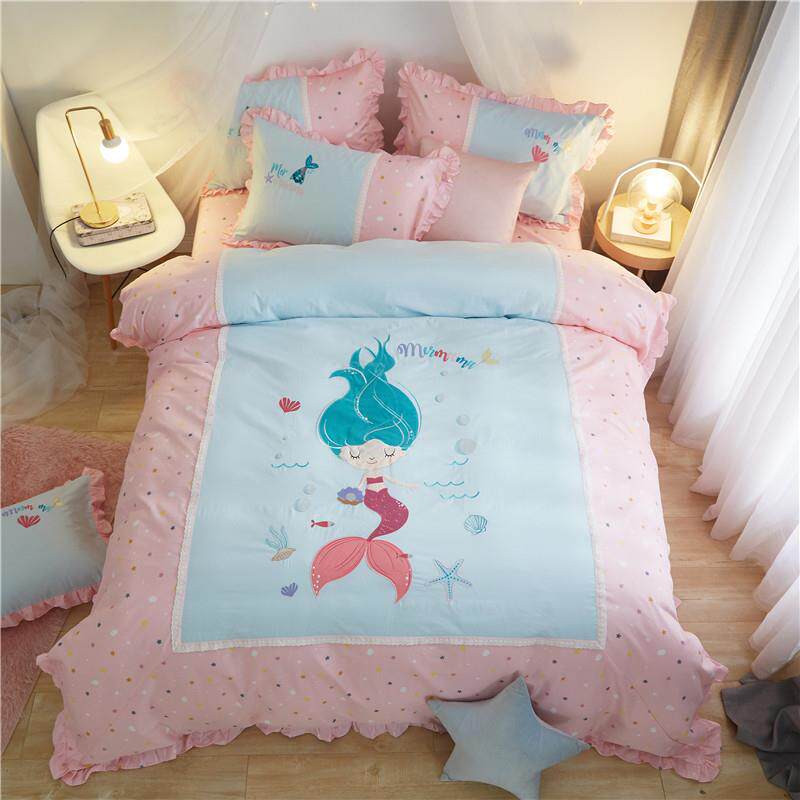 高档童棉四件套女孩公纯主风卡通床单被套儿三件套笠床男孩全棉床
