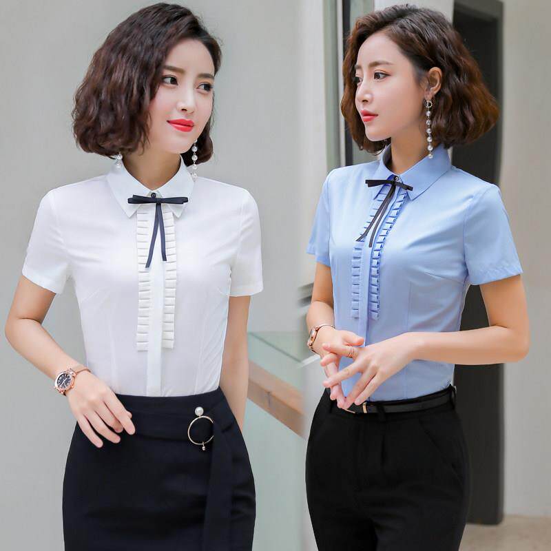 职业白衬衫女短袖夏季酒店前台服务员工作服木耳花边衬衣套装裙薄